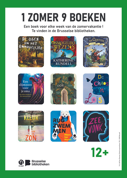 poster van 1 zomer, 9 boeken met daarop de boekentips voor 12+